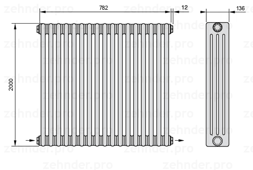 Схема (чертеж) Радиатор Zehnder Charleston 4200/17 №2670 Белый глянцевый RAL 9016